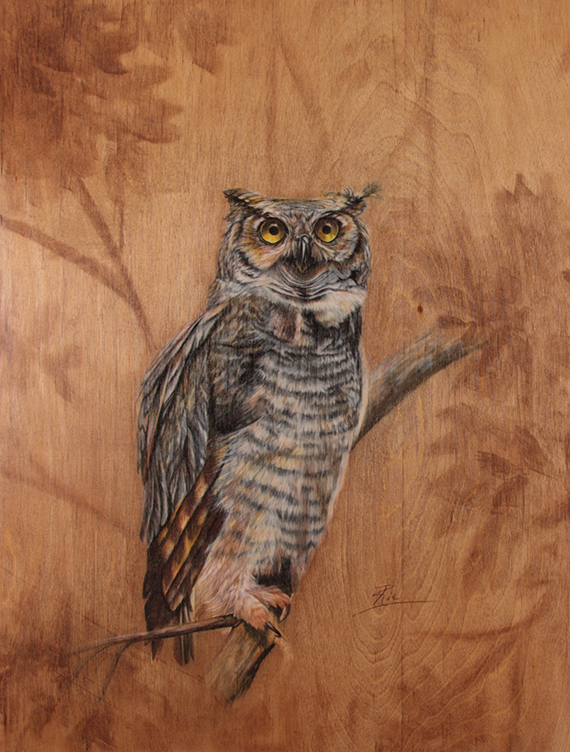 Horned Owl On Plywood by Ria Fine Art